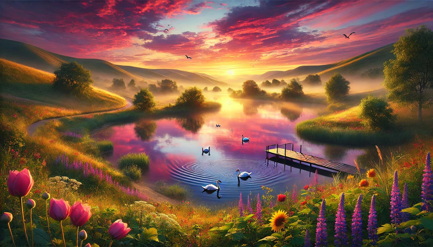 A tranquil lakeside scene at sunrise, where the sky is painted in vibrant hues of pink, orange, and purple, reflecting beautifully on the calm water. The lake is surrounded by lush greenery and wildflowers in shades of yellow, red, and blue. A small wooden dock extends into the water, with gentle ripples forming around it. In the distance, rolling hills covered in golden morning light add depth to the scene. Birds glide above the water, and a few white swans gracefully swim near the shore. The entire scene exudes serenity and natural beauty. Created Using: ultra-realistic photography style, soft natural lighting, high-definition textures, atmospheric depth, gentle water reflections, warm and vibrant color palette, cinematic composition, immersive environmental storytelling --ar 16:9